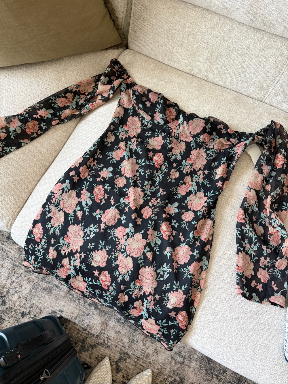 Floral Off-Shoulder Long Sleeve Top - Black with Pink Roses